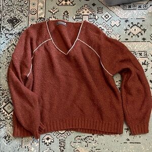 Rust V-Neck Sweater with Shimmery White Trim